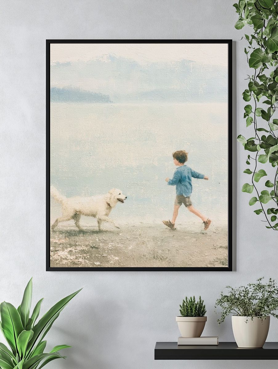 Boy and Dog by the Sea Print. — room view 4