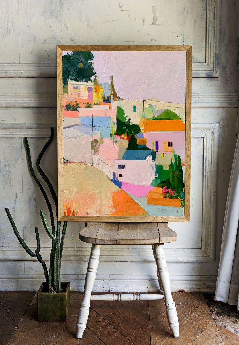 Pastel Hillside Village — Contemporary Print. — room view 1