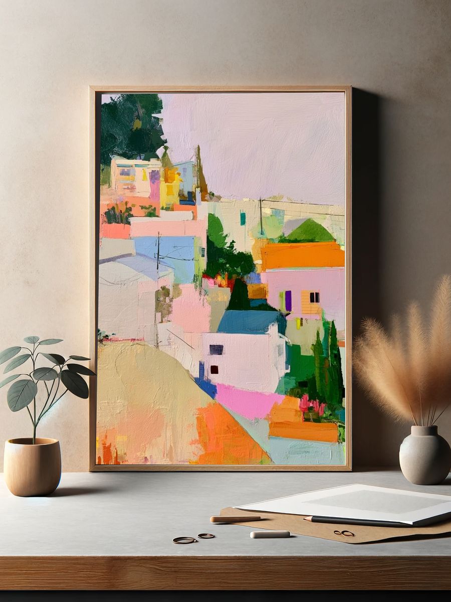 Pastel Hillside Village — Contemporary Print. — room view 2