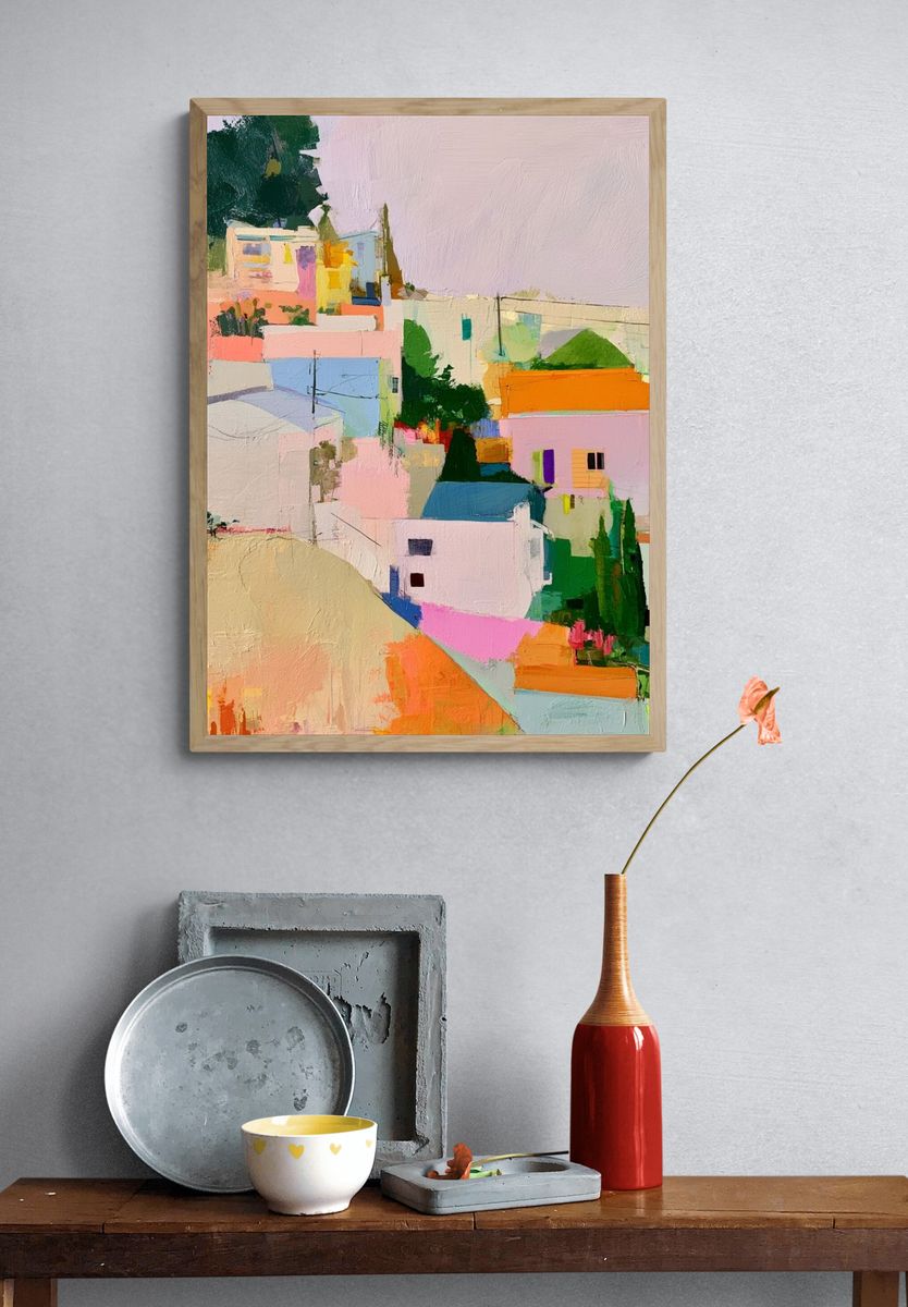 Pastel Hillside Village — Contemporary Print. — room view 3