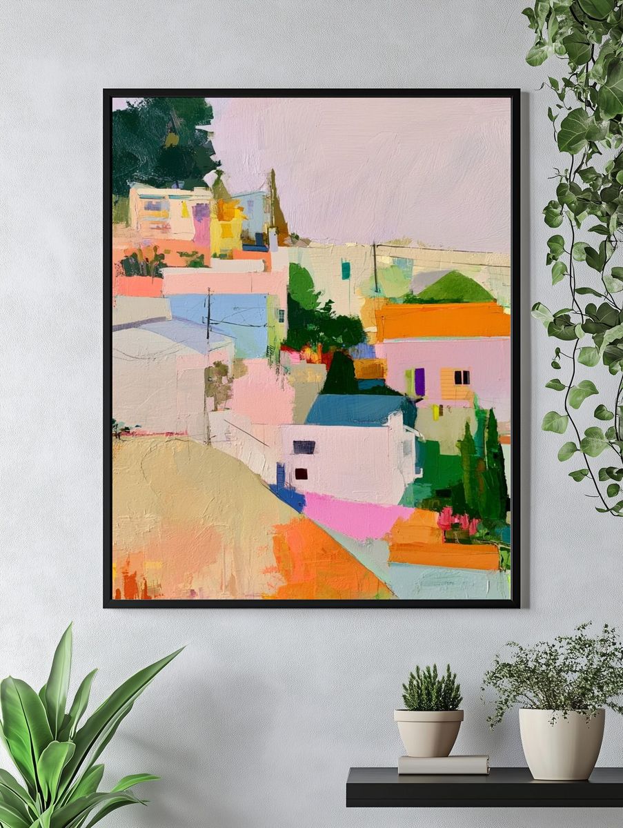 Pastel Hillside Village — Contemporary Print. — room view 4