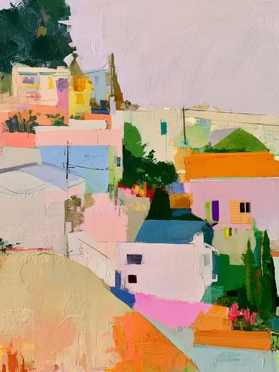 Pastel Hillside Village — Contemporary Print. poster