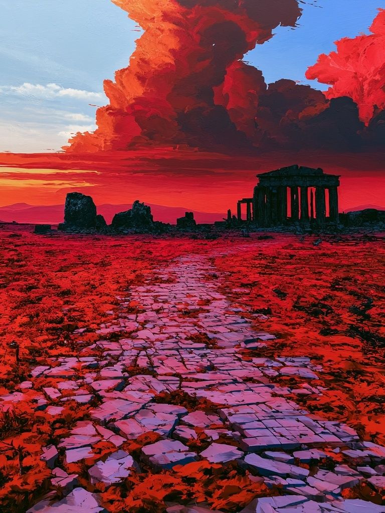 Ancient Ruins Sunset Landscape Print. poster — fine-art art
