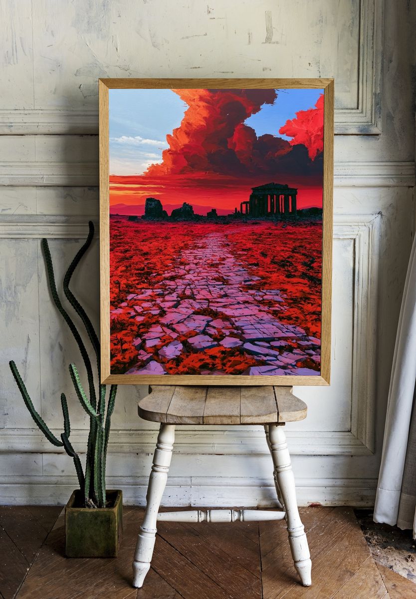 Ancient Ruins Sunset Landscape Print. room preview