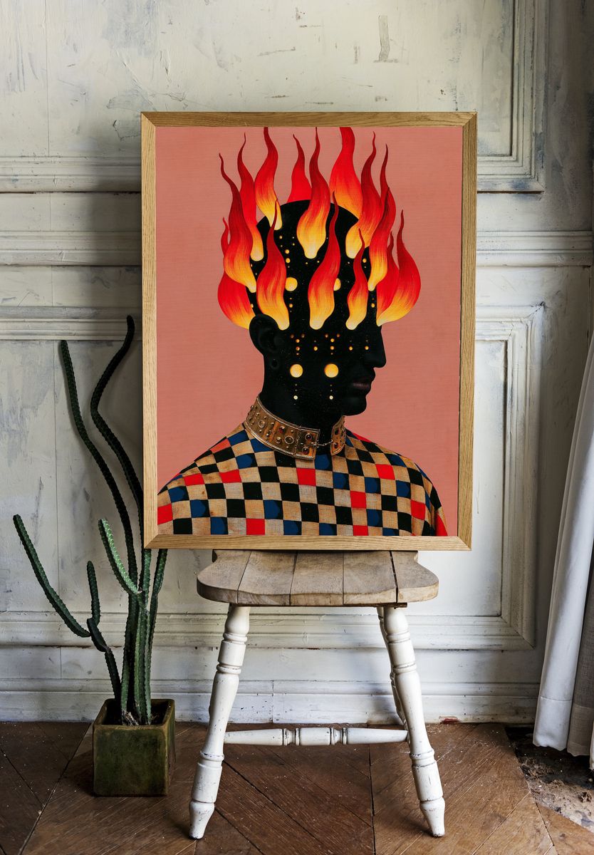 Flaming Head Surreal Portrait Poster. — room view 1
