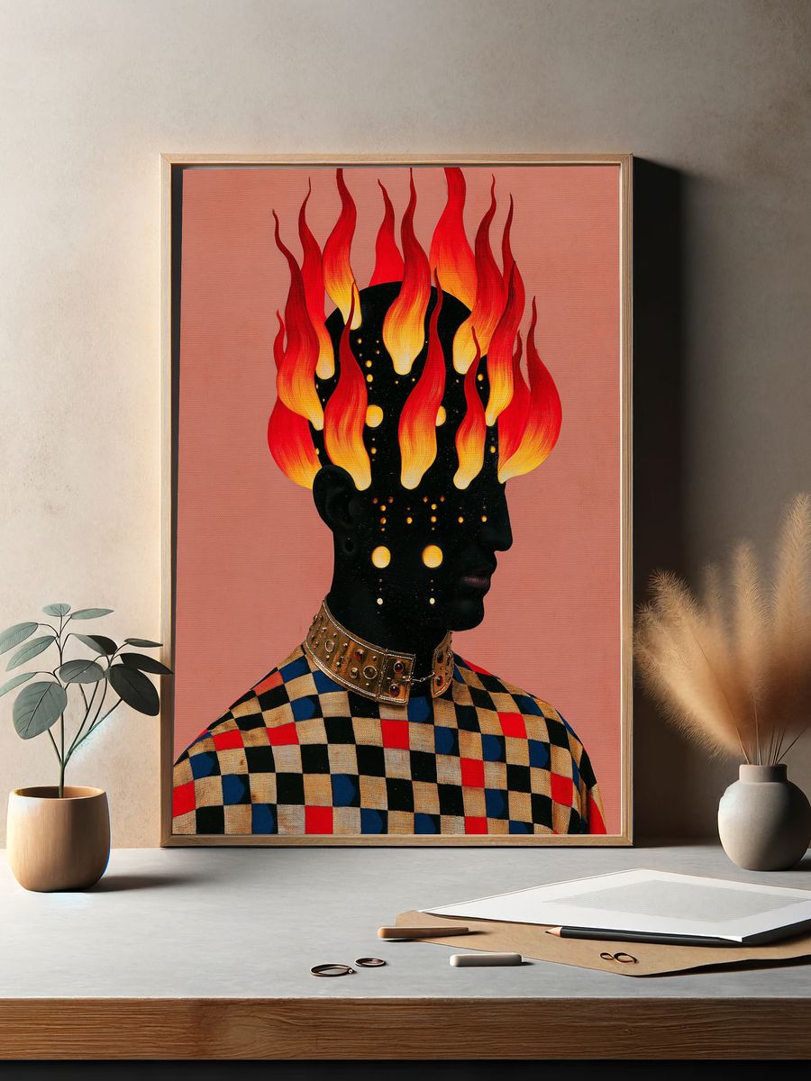 Flaming Head Surreal Portrait Poster. — room view 2
