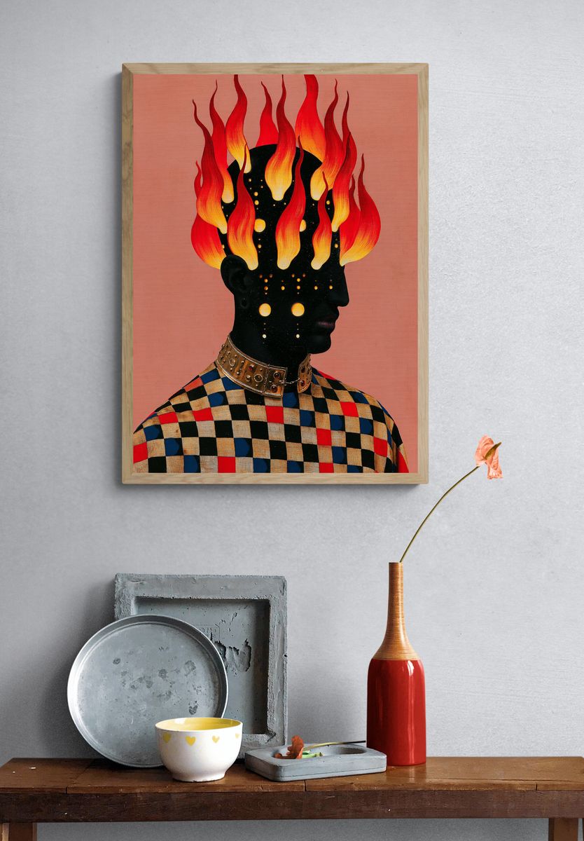 Flaming Head Surreal Portrait Poster. — room view 3