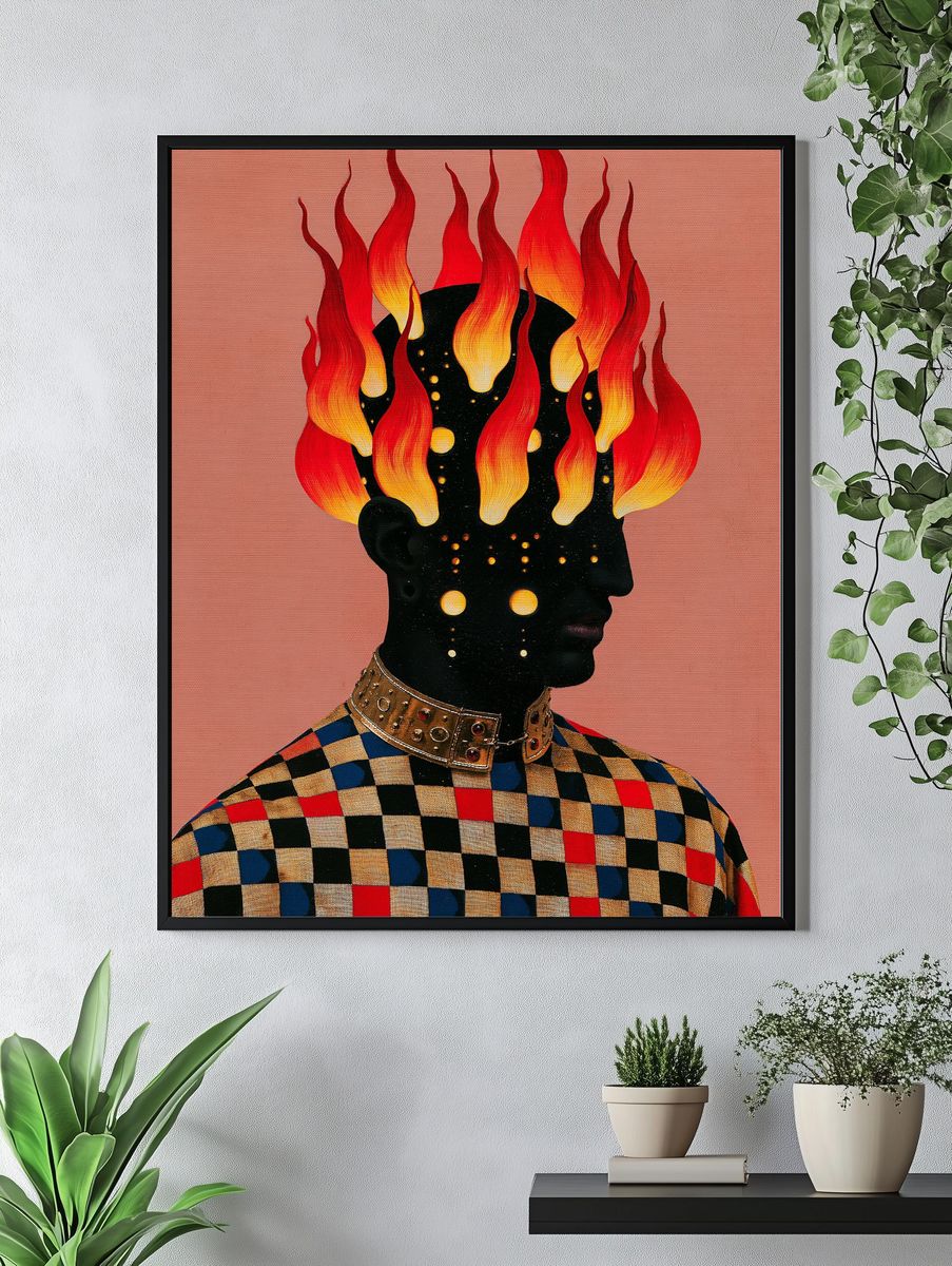 Flaming Head Surreal Portrait Poster. — room view 4