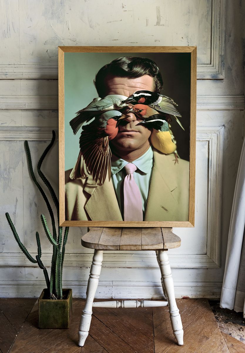 Surreal Bird Portrait Print. room preview