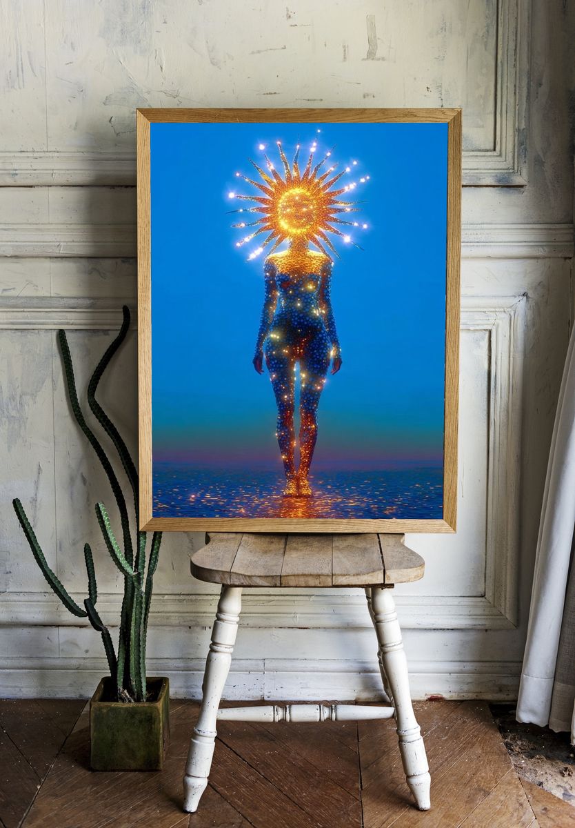 Celestial Sun Figure Surrealism Print. room preview