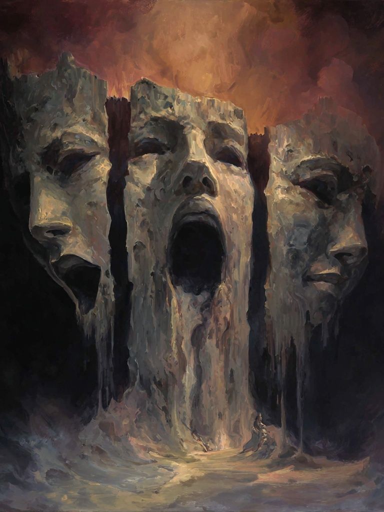 Tragic Masks Surrealism Poster. poster detail