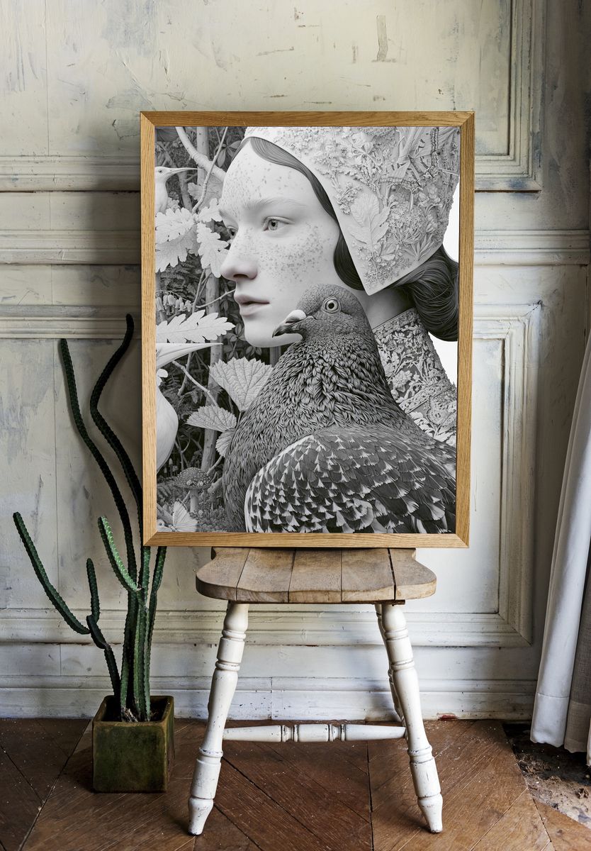Surreal Bird Portrait Print. room preview