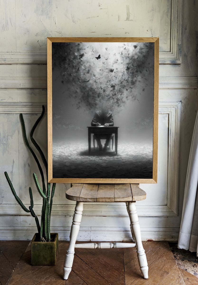 Surreal Writer in Monochrome Print. — room view 1