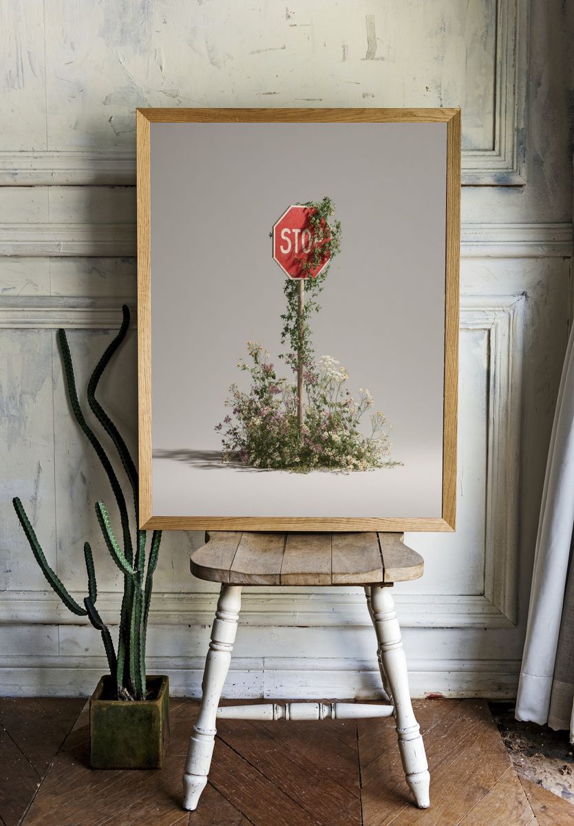 Stop Sign Floral Surrealism Print. room preview