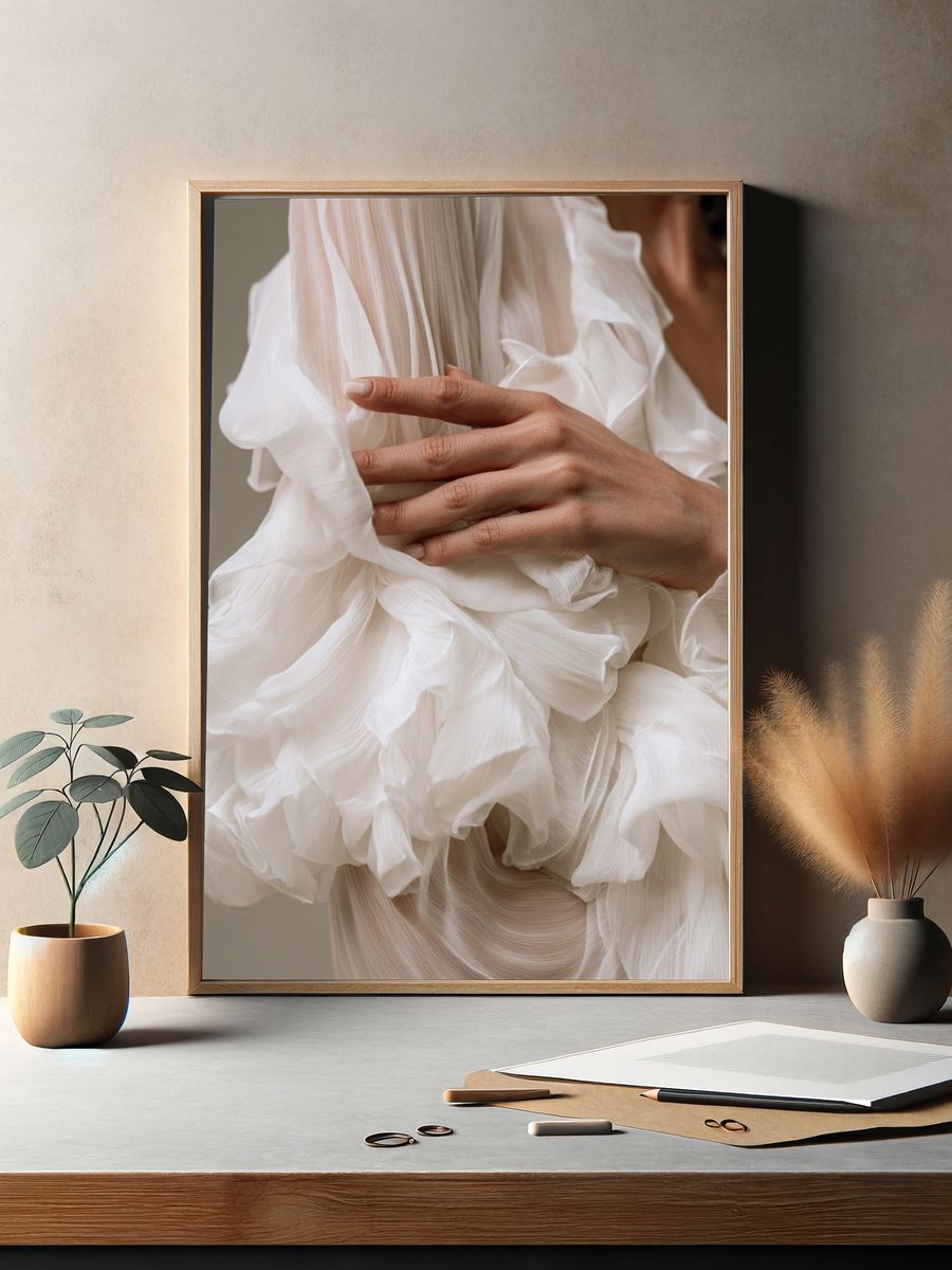 White Ruffled Fabric Fashion Poster. — room view 2