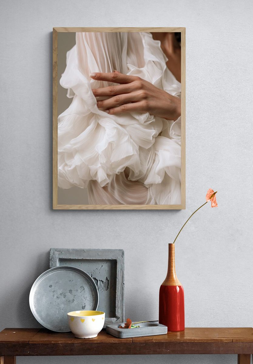 White Ruffled Fabric Fashion Poster. — room view 3