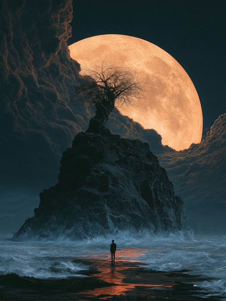 Moonlit Cliffscape Fantasy Print. poster — fine-art art