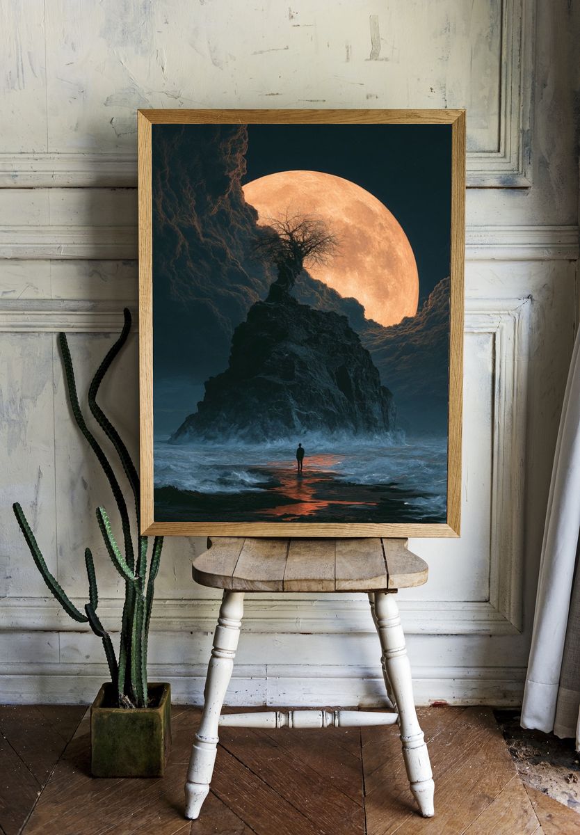 Moonlit Cliffscape Fantasy Print. room preview