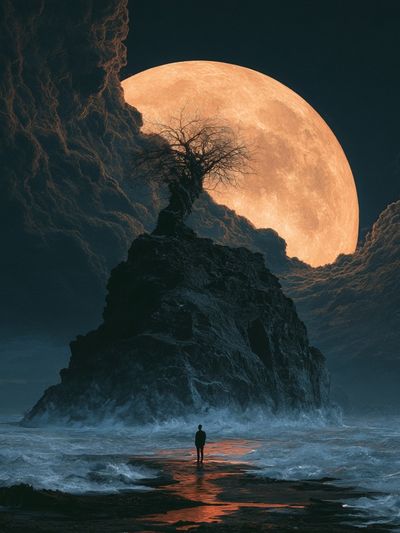 Moonlit Cliffscape Fantasy Print. poster