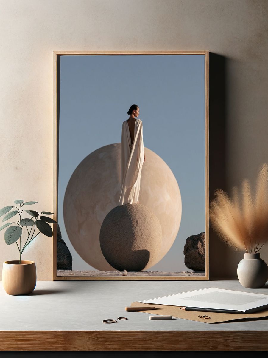 Surreal Figure on Sphere Print. — room view 2