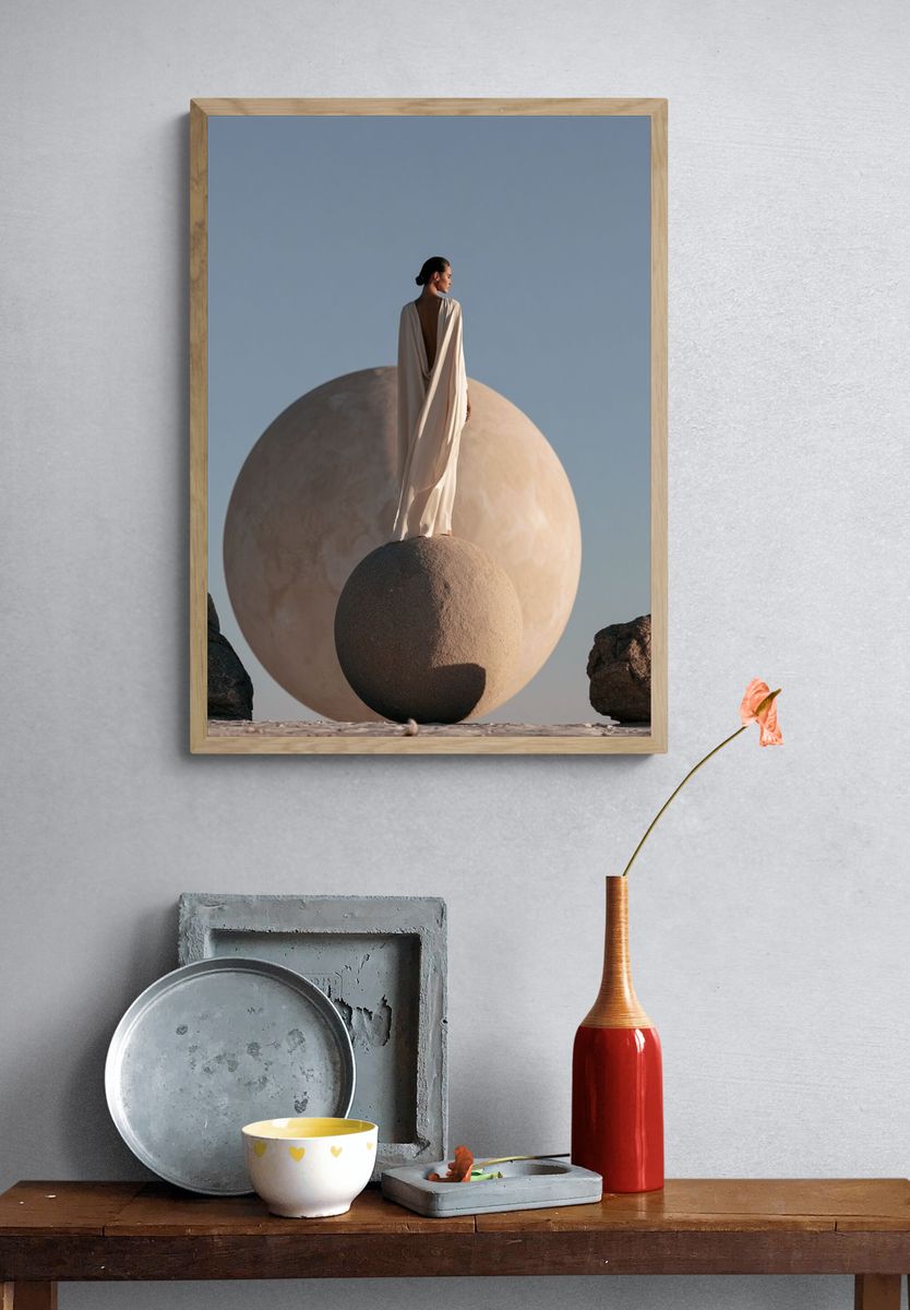 Surreal Figure on Sphere Print. — room view 3