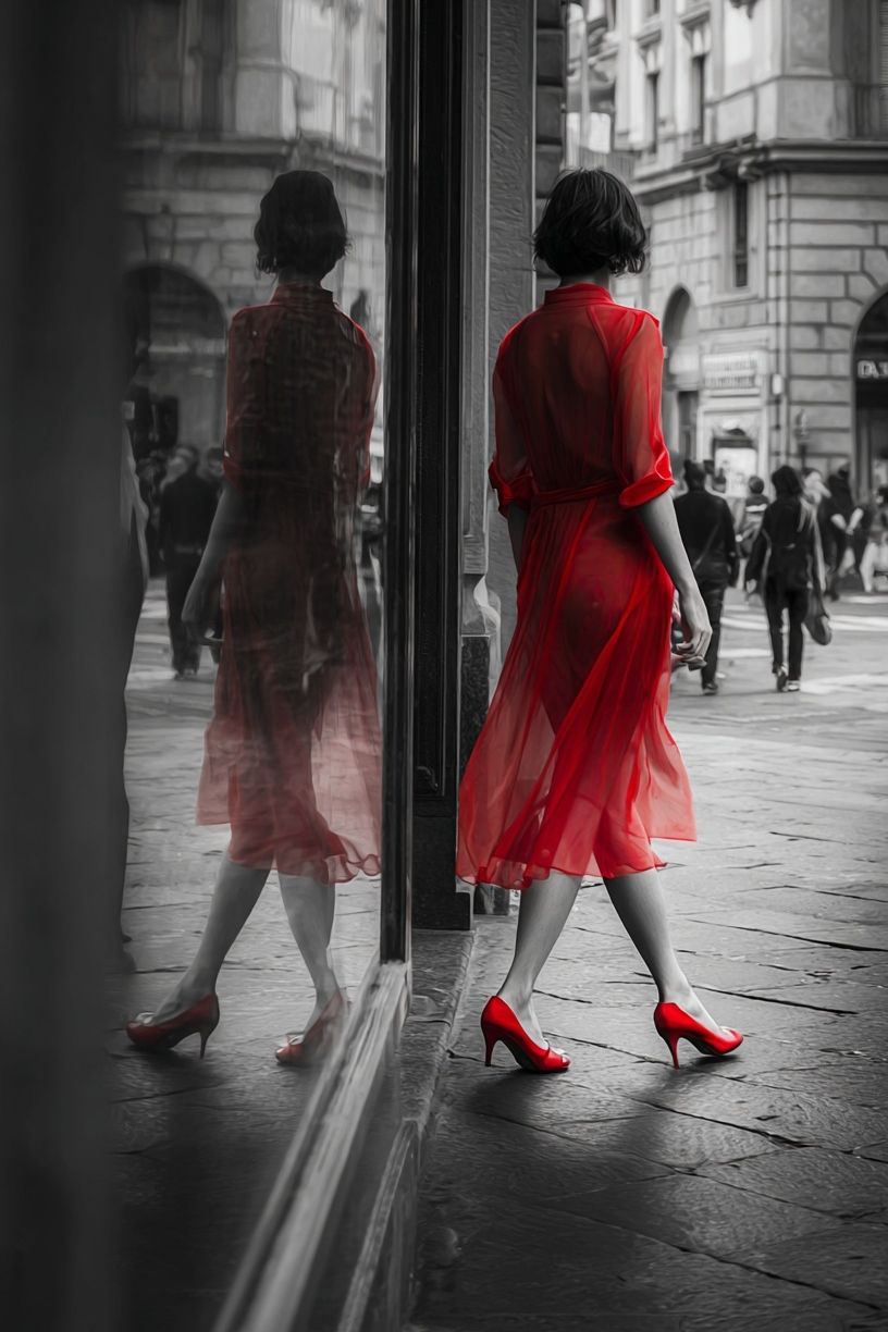 Red Dress Street Fashion Poster. poster detail