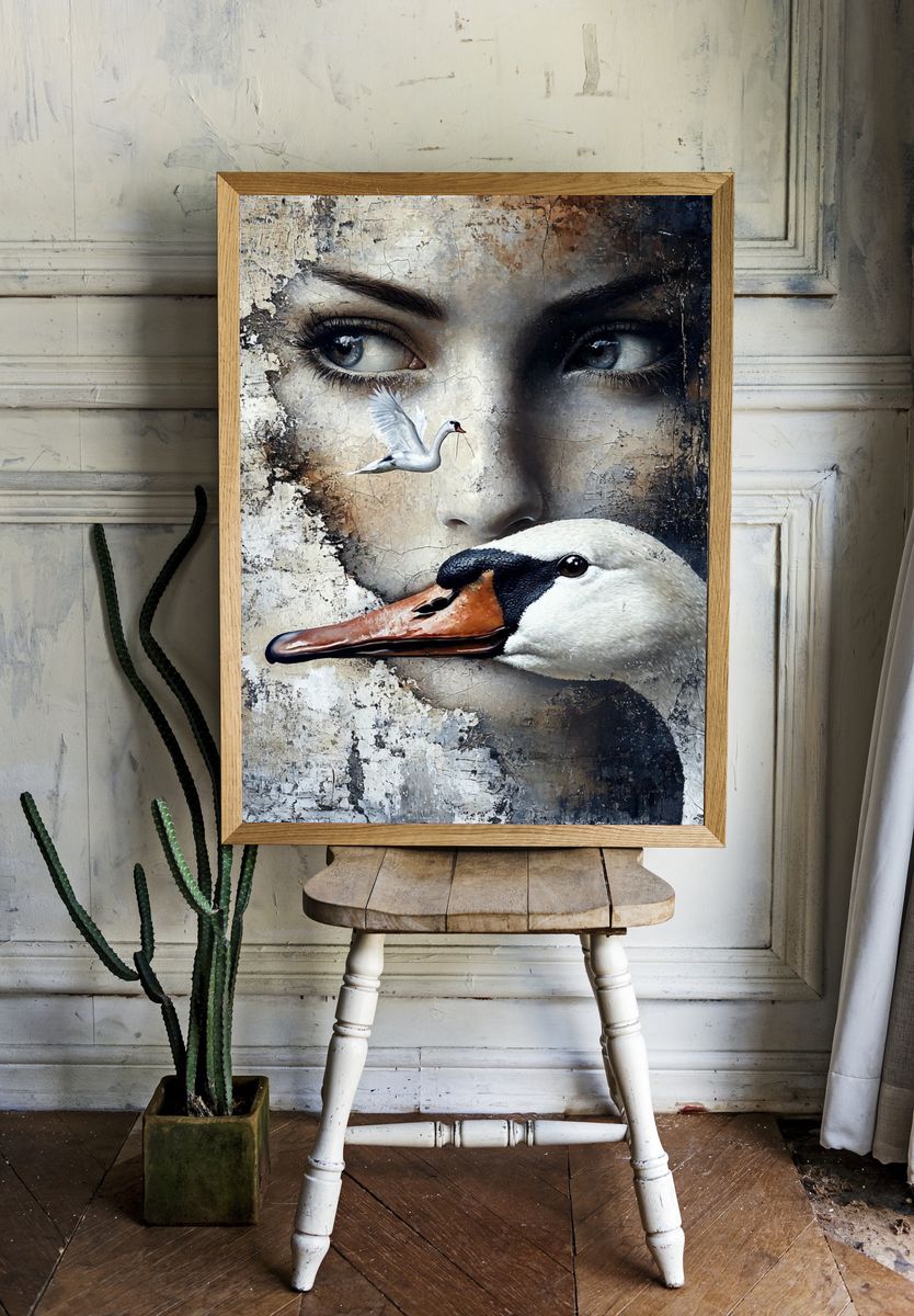 Swan and Woman Surrealism Poster. room preview