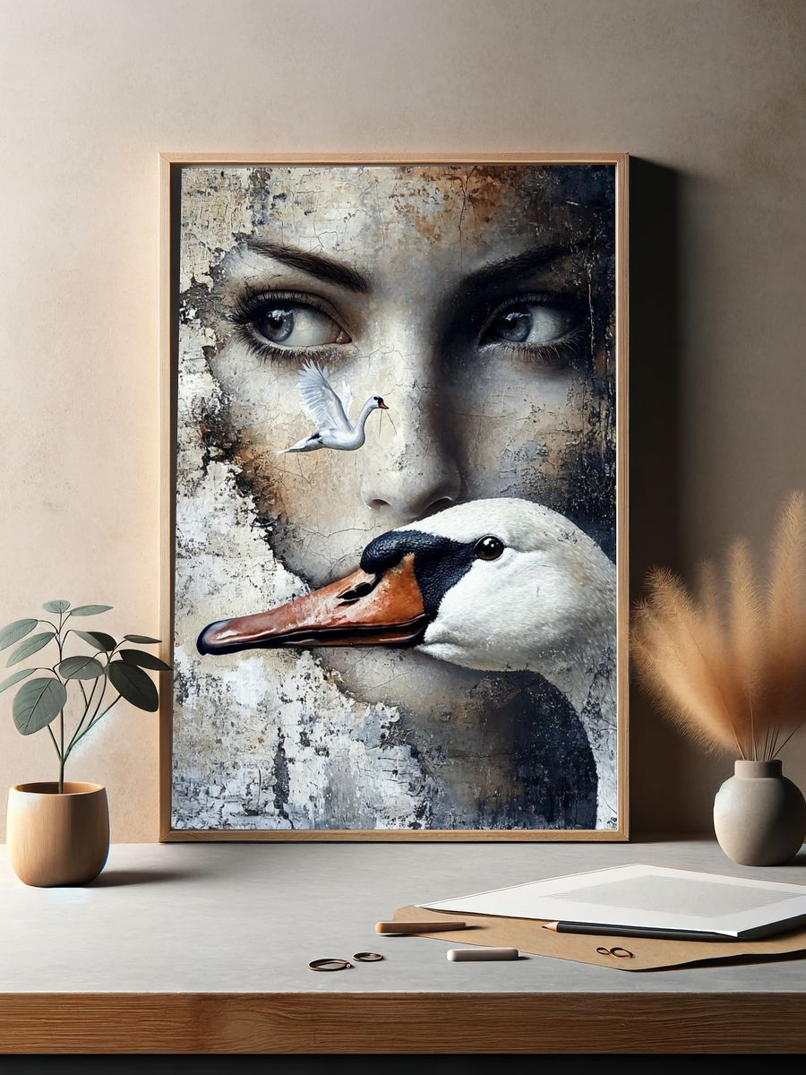 Swan and Woman Surrealism Poster. — room view 2