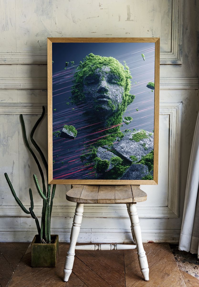 Ethereal Stone Face Digital Art Poster. room preview
