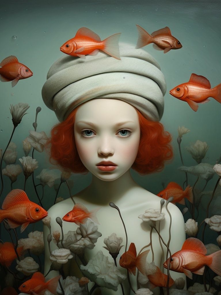 Surreal Girl and Goldfish Print. poster — fine-art art