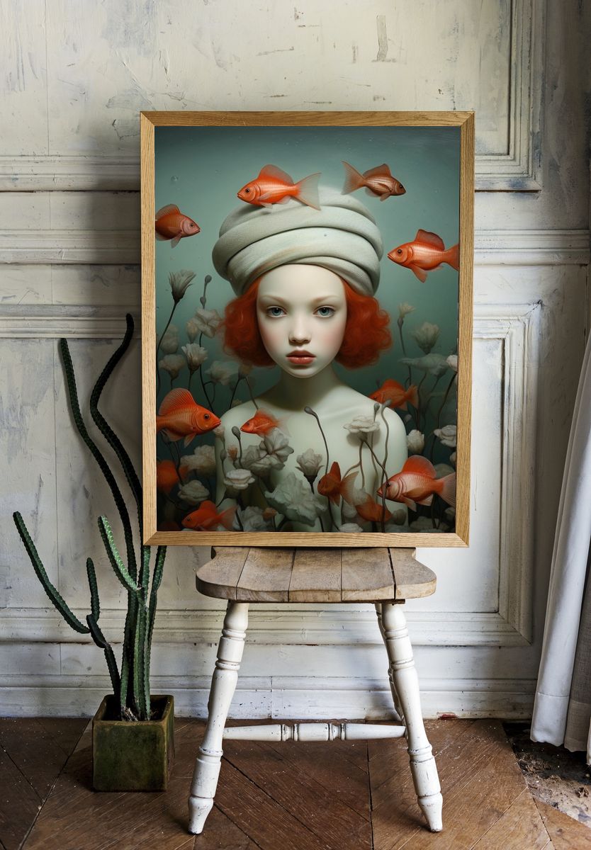 Surreal Girl and Goldfish Print. — room view 1