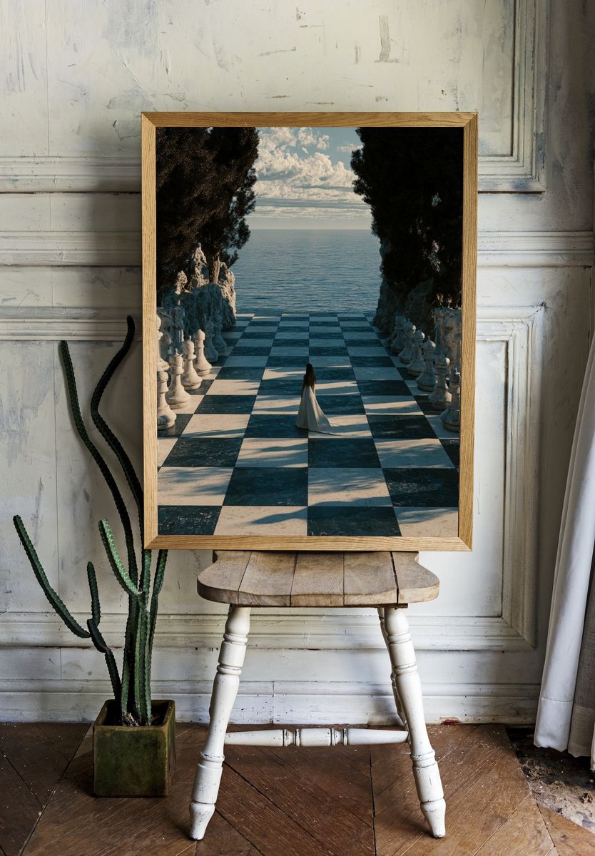 Seaside Chessboard Surrealism Print. — room view 1