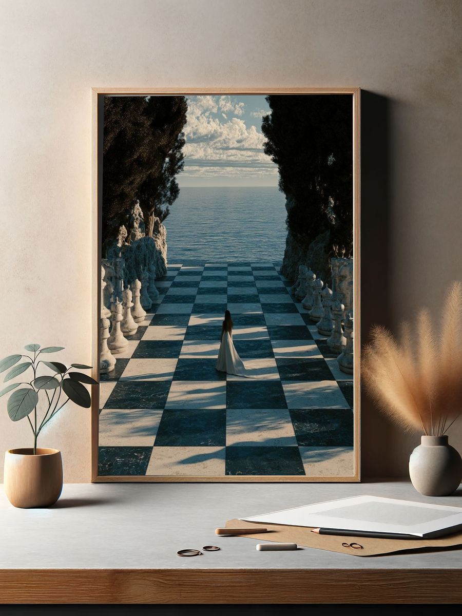 Seaside Chessboard Surrealism Print. — room view 2