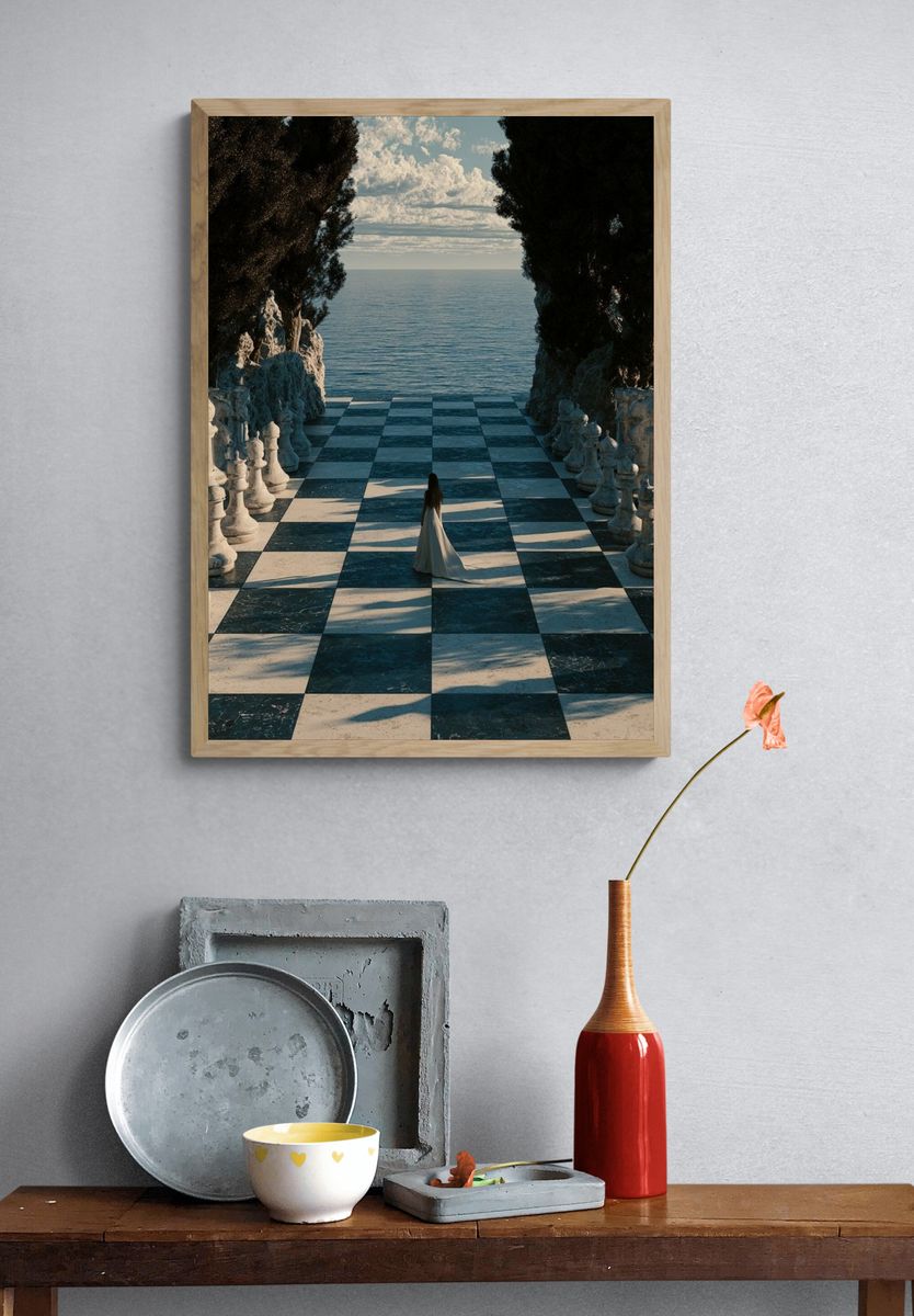 Seaside Chessboard Surrealism Print. — room view 3