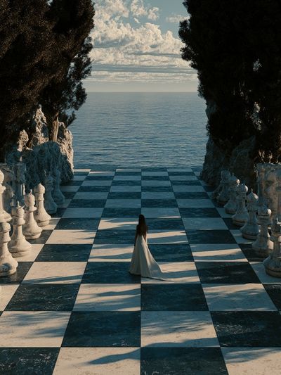 Seaside Chessboard Surrealism Print. poster