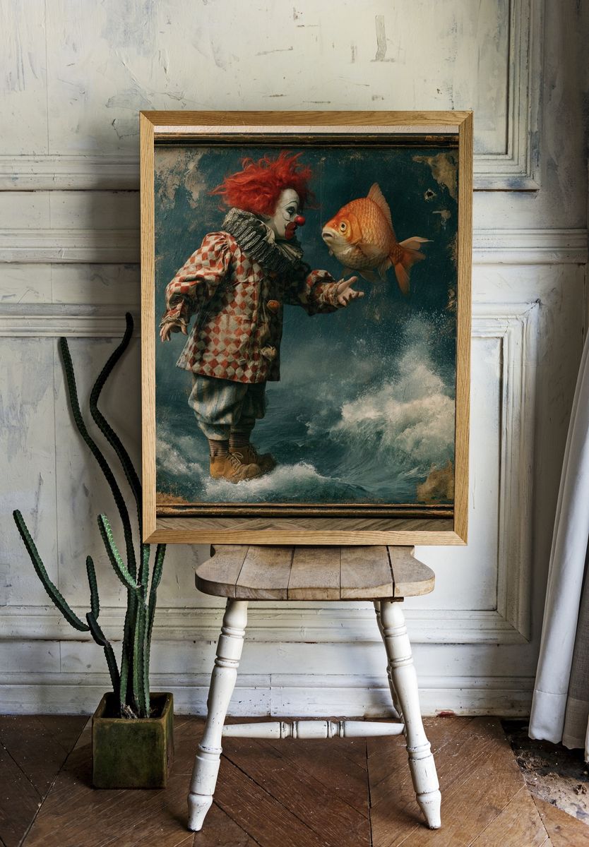 Clown and Goldfish Surrealism Poster. room preview