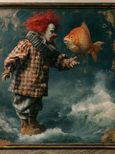 Clown and Goldfish Surrealism Poster.