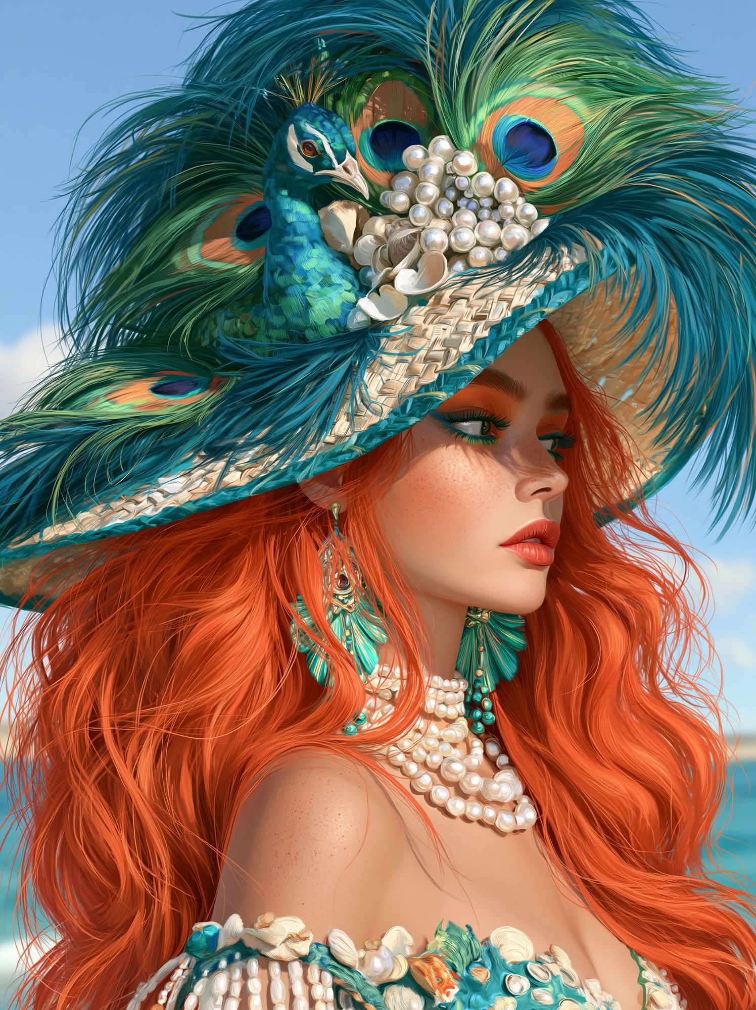 Peacock Hat Portrait Print. poster detail