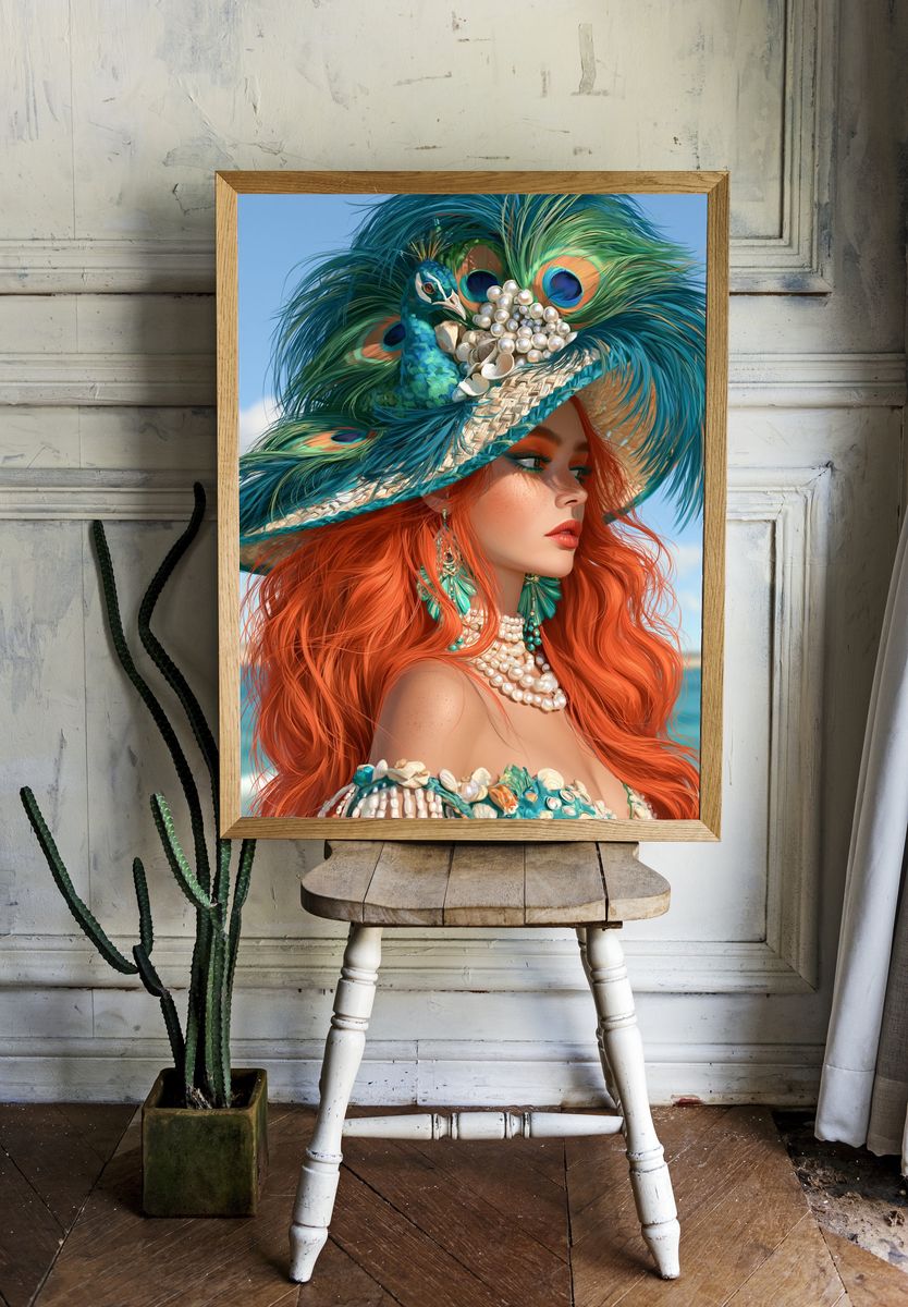 Peacock Hat Portrait Print. — room view 1