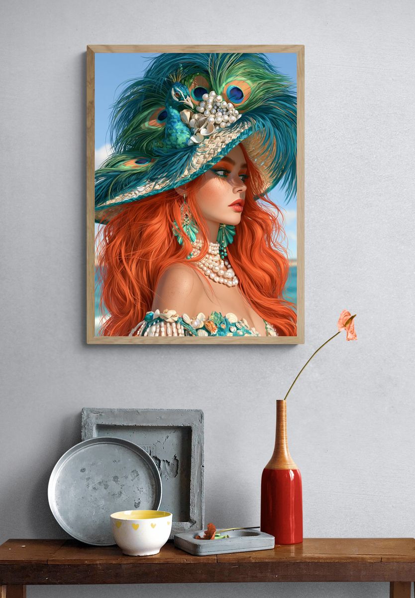 Peacock Hat Portrait Print. — room view 3