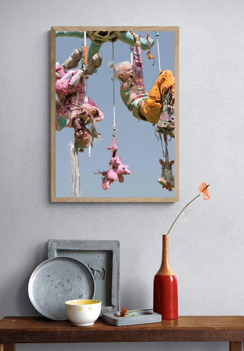 Surreal Hanging Figures Illustration Print. — room view 3
