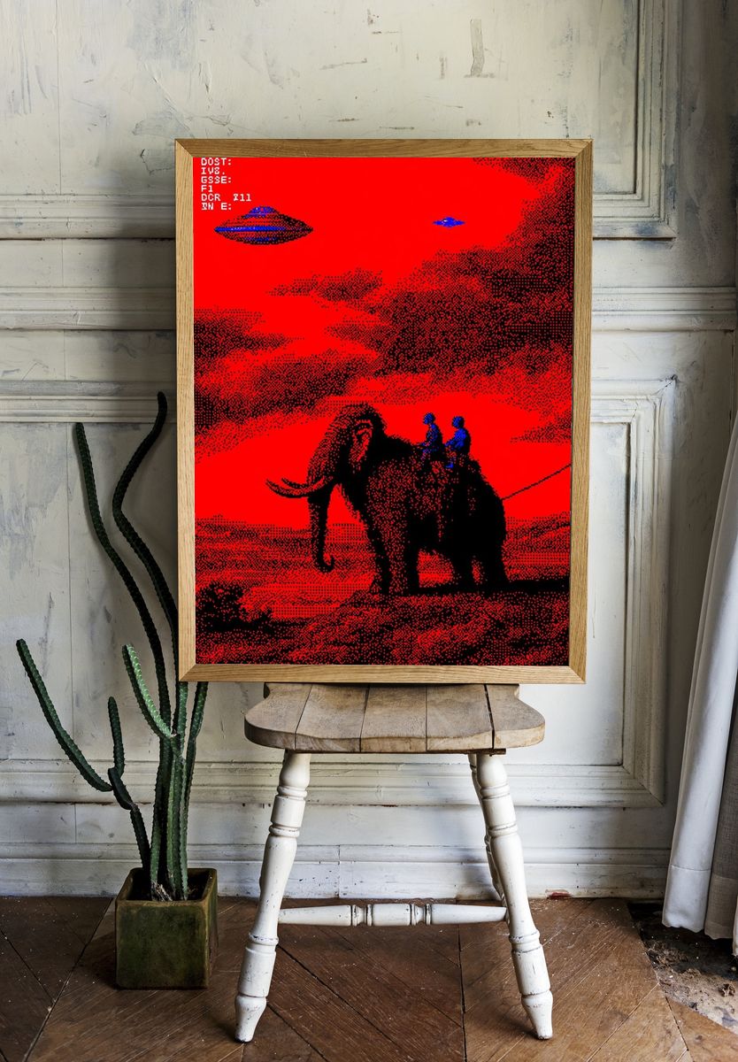 Elephant Rider Surreal Print. room preview