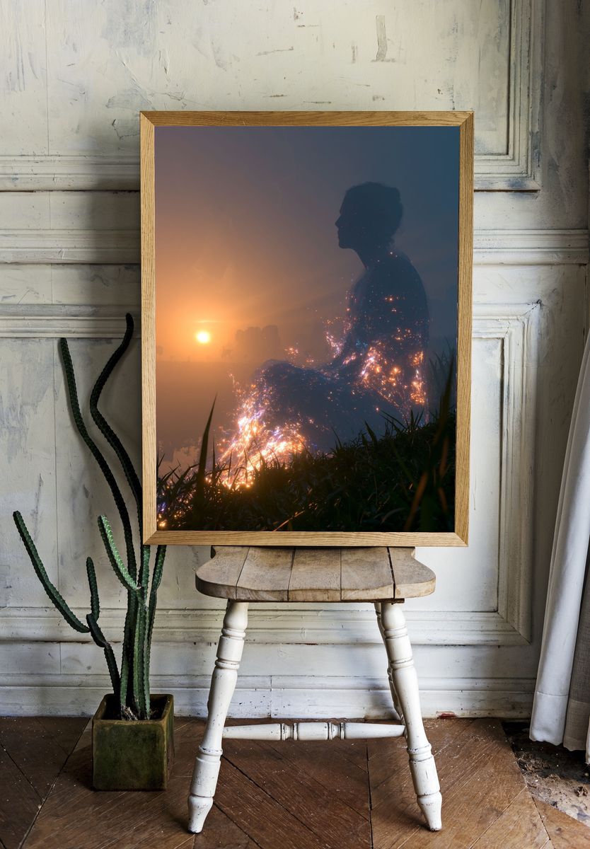 Cosmic Silhouette Sunset Print. room preview