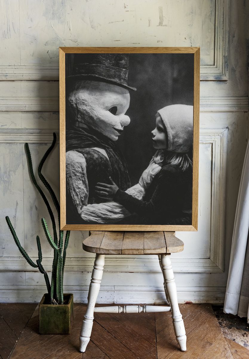 Creepy Doll Encounter Black-White Poster. room preview