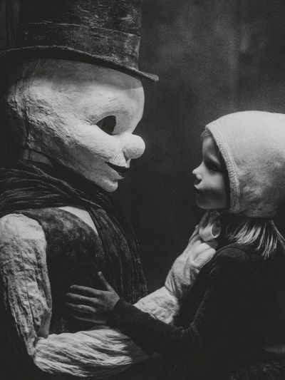 Creepy Doll Encounter Black-White Poster. poster