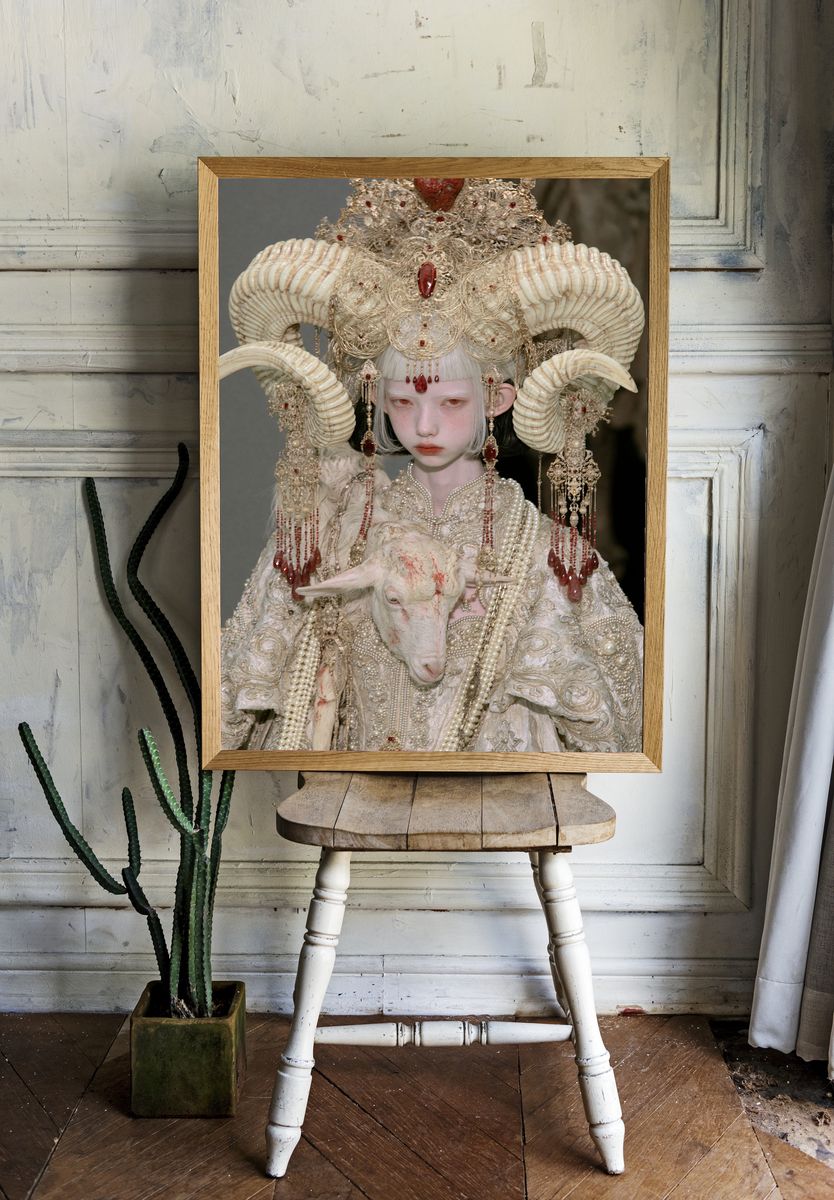 Surreal Horned Portrait Print. room preview