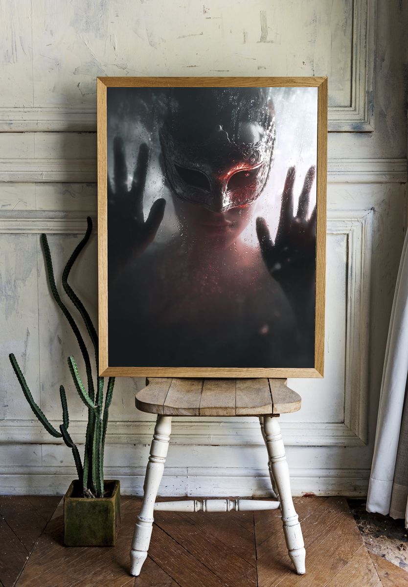 Masked Figure Dark Surrealism Print. room preview