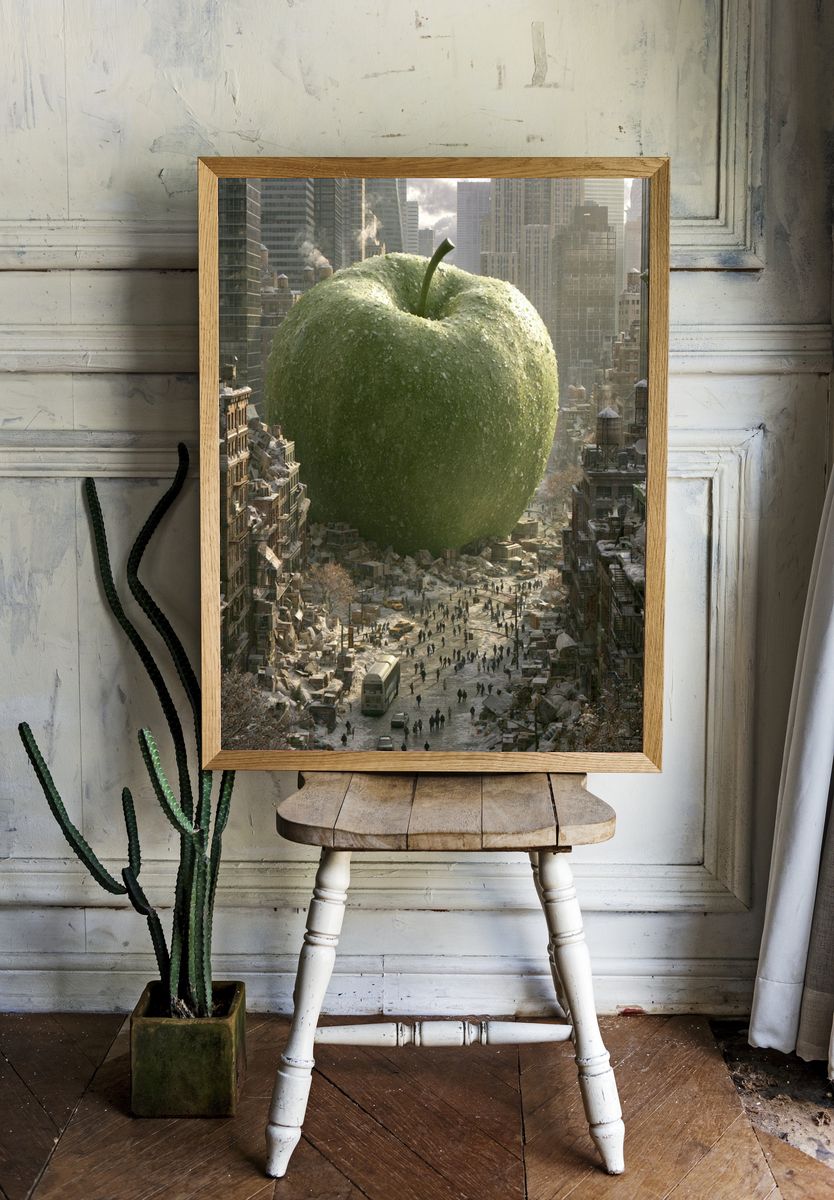 Giant Green Apple Cityscape Print. — room view 1
