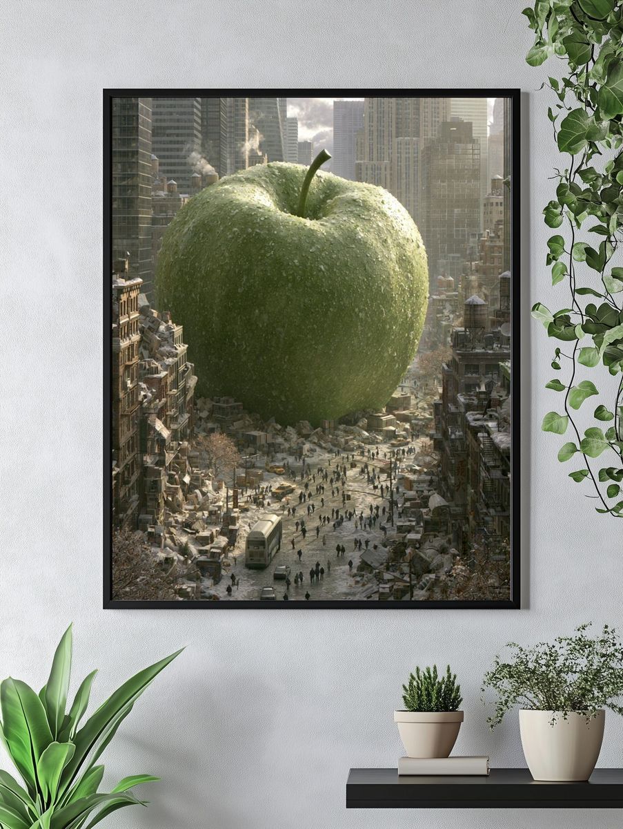 Giant Green Apple Cityscape Print. — room view 4