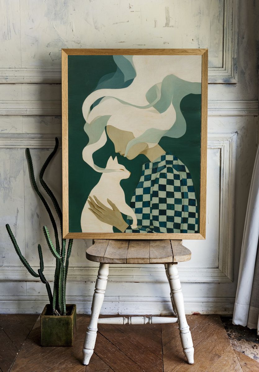 Girl and Cat Surrealist Print. — room view 1